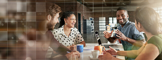 Aufkleber - Banner, meeting and group of creative business people in office brainstorming with space, ideas and digital grid. Overlay, conversation and teamwork, men and women networking at tech startup together