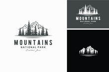 Mountain Peak With Lake Forest, Pine Evergreen Larch Tree With River Creek Landscape Outdoor Silhouette Label Logo Design
