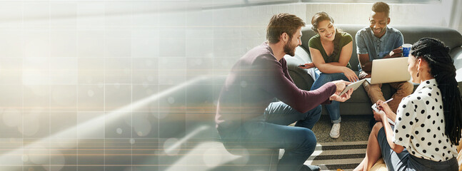 Poster - Business people, tablet and laptop for collaboration, teamwork and planning with marketing banner or mockup. Young employees with group project, digital tech and startup for advertising agency space