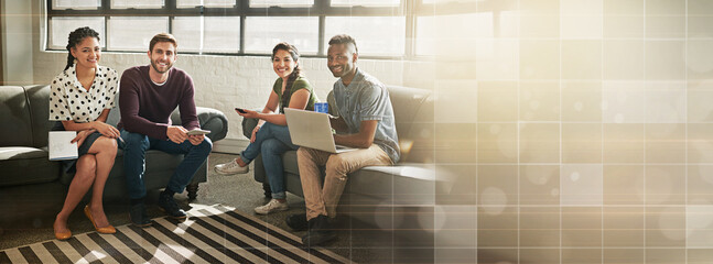 Aufkleber - Business team, planning and banner in office for portrait, collaboration and diversity. Overlay, space and group of entrepreneur people at creative workplace for brainstorming, ideas and technology