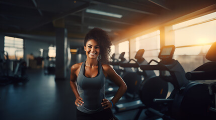 African American woman with long dark hair fitness trainer smiling and looking at the camera on the background of the gym. The concept of a healthy lifestyle and sports.