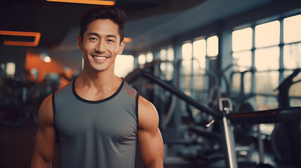  Muscular asian man in sportswear, fitness trainer smiling and looking at the camera on the background of the gym. The concept of a healthy lifestyle and sports.