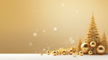 Wall Mural -  Christmas and New Year background in golden colors. Christmas trees with golden sparkles in a snowy forest and Christmas golden decorations on a light bokeh background with copy space for text.