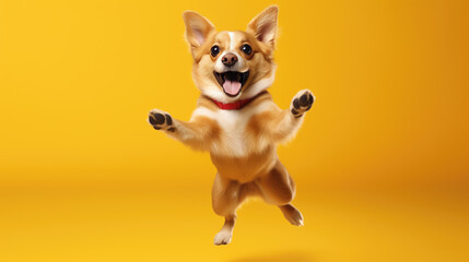 Poster - Happy smiling dog isolated on yellow background.