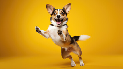 Poster - Happy smiling dog isolated on yellow background.