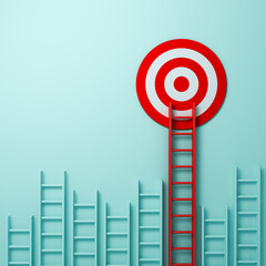 Poster - Stand out from the crowd concept business goal target and leadership concepts the long red different ladder aiming to goal target on light blue green pastel color background with shadows 3D rendering