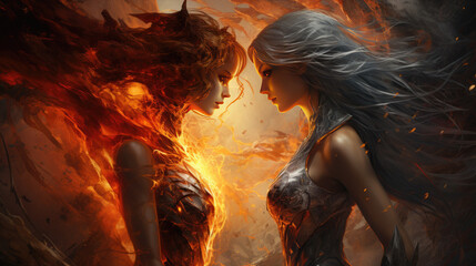 Wall Mural - a warrior confronts a fire witch