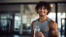 Athletic Man Holding A Water Bottle In The Background Of The Gym