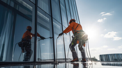 Worker washing windows in the office building