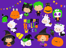 Happy Childish Collection With Cute Halloween Elements And Kids