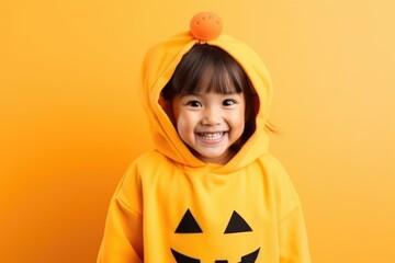 Poster - Happy little girl in pumpkin costume on orange background