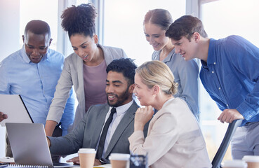 Fototapete - Business people, laptop and meeting for teamwork, collaboration or planning a marketing project in office. Professional team or advertising agency on computer, online presentation or group video call