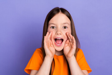 Crazy emotions portrait of funny preschool girl kid screaming touch cheeks announcement loud voice isolated on purple color background