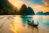 Fototapeta Natura - Tourists exploring the beaches and lagoons of bacuit archipeligo, el nido palawan island, in the philippines by traditional banka outrigger boat