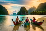 Fototapeta Natura - Tourists exploring the beaches and lagoons of bacuit archipeligo, el nido palawan island, in the philippines by traditional banka outrigger boat