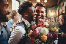 Gay Couple Embracing For The Marriage. Together Forever - Loving Happy Gay Couple In A Wedding Day.