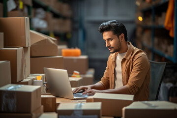 Indian man working in shipping office, keeping records of packing boxes in warehouse