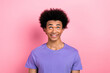 © deagreez - Photo of cheerful nice man wear purple outfit interested looking empty space poster ad isolated on pink color background