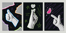 Set Of Posters With Hands In Halftone Texture. Fashion Collage With Hand Gestures. Cool Doodle Elements. Posters, Banners Or Postcards. Vector Illustration