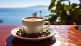 Fototapeta  - Coffee cup with coffee beans on the table and sea background