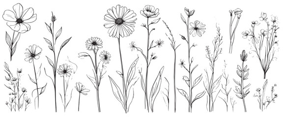 Wall Mural - Sketch weeds, herbal, flowers and cereals. Trend elements design. Collection of hand drawn flowers and herbs. Vintage medicinal herbs sketch set ink hand drawn medicinal herbs and plants sketch