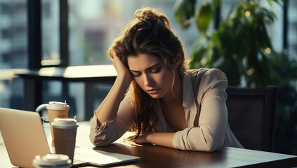 Canvas Print - tired businesswoman sitting at table with laptop and cup of coffee in cafe