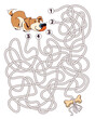 Help the dog through the maze. Children logic game to pass the maze. Educational game for kids. Attention task. Choose right path. Funny cartoon character. Worksheet page. Vector illustration