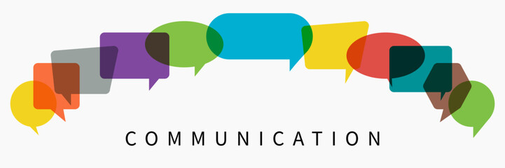 Communication. Word with colorful multi colored dialog speech bubbles. Flat illustration of communication concept on white isolated background. People with idea in business network.