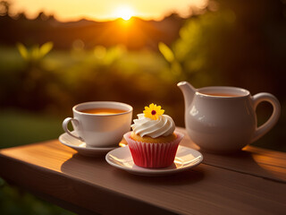 A cupcake and a cup of tea on a wooden garden table at sunset.