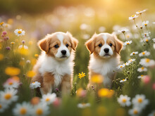 Outdoor Portrait Of Two Cute Puppies. 