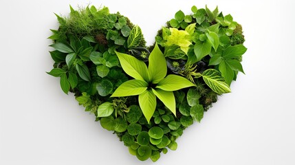 Green plants and different leaves collected in the shape of a heart on isolated white background, top view angle, generative ai