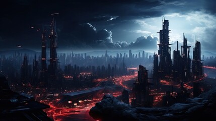 Wall Mural - futuristic cyber city at night, landscape scene. created with generative ai technology.