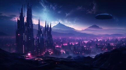 Wall Mural - futuristic cyber city at night, landscape scene. created with generative ai technology.
