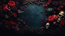 Dark Moody Baroque Background For Halloween With Skulls And Flowers