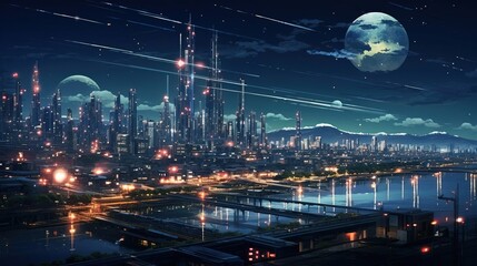 Wall Mural - futuristic cyber city at night, landscape scene. created with generative ai technology.