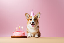 Cute Welsh Corgi Dog With Birthday Cake On Pink Background
