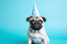 Cute Pug Dog With Birthday Hat Sitting On Blue Background