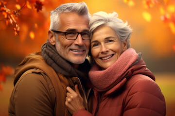 portrait of mature couple smiling on orange background, wearing warm coats, in autumn