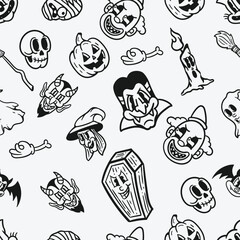 Canvas Print - vintage horror cartoon halloween monsters seamless monochrome style