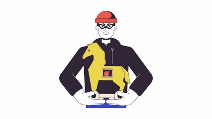 Aufkleber - Malicious cyber criminal with trojan horse virus line 2D animation. Computer bugs 4K video motion graphic. Spyware penetration. Hacker attack linear animated cartoon flat concept, white background