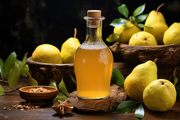 Homemade quince liqueur, fruit and alcohol blend