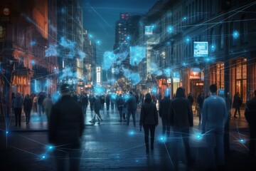 Surveillance camera of a crowd of people walking along busy city streets. Face recognition big data comprehensive analysis interface, scanning and displaying information. Data collection. Espionage.