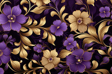Purple And Gold Pattern Of Flowers On Black Background
