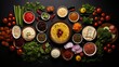 Food photograph showing a knolling, flatlay of typical turkish dishes ( Sigara böreği, Sucuk, Manti, Baklava), high quality, 16:9