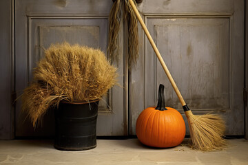 broom, hay  and pumpkin in front of grey shabby chic wooden door, ai generated