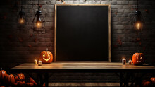 Halloween Vertical Blank Picture Frame Mockup, Party Invitation Card, Holiday Background With Pumpkin Jack O Lanterns, Candles On A Rustic Wooden Table. Dark Gothic Vertical Blackboard Greeting Decor
