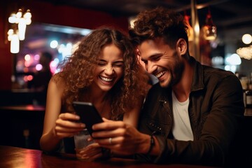 Wall Mural - male and female in love smiling and happy in club