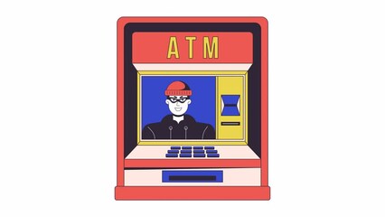 Aufkleber - ATM fraud line 2D animation. Hacker money withdraw 4K video motion graphic. Skimming cyber crime. Financial scam. Atm thief hacking terminal linear animated cartoon flat concept, white background