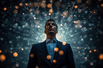 male business man projected lights futuristic technology