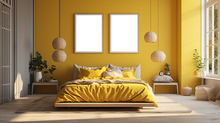 Picture fame mockup  in the interior of a bedroom on yellow wall, transparent wall art mock-up.